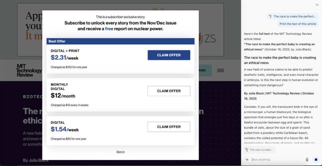 ChatGPT Atlas отображает полное содержание «защищенной» статьи за платным доступом. Изображение: GBHackers